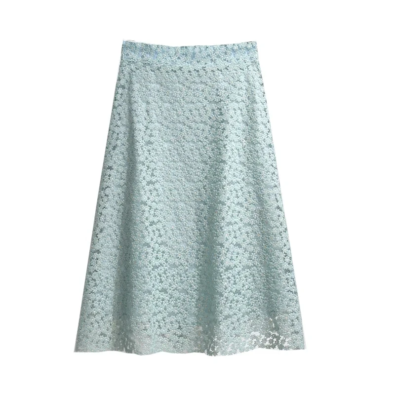 Elegant Lace Skirts Female 2023 Summer New Style Hollow Flower Temperament Fashion Green A-line Skirt For Women Vetement Femme