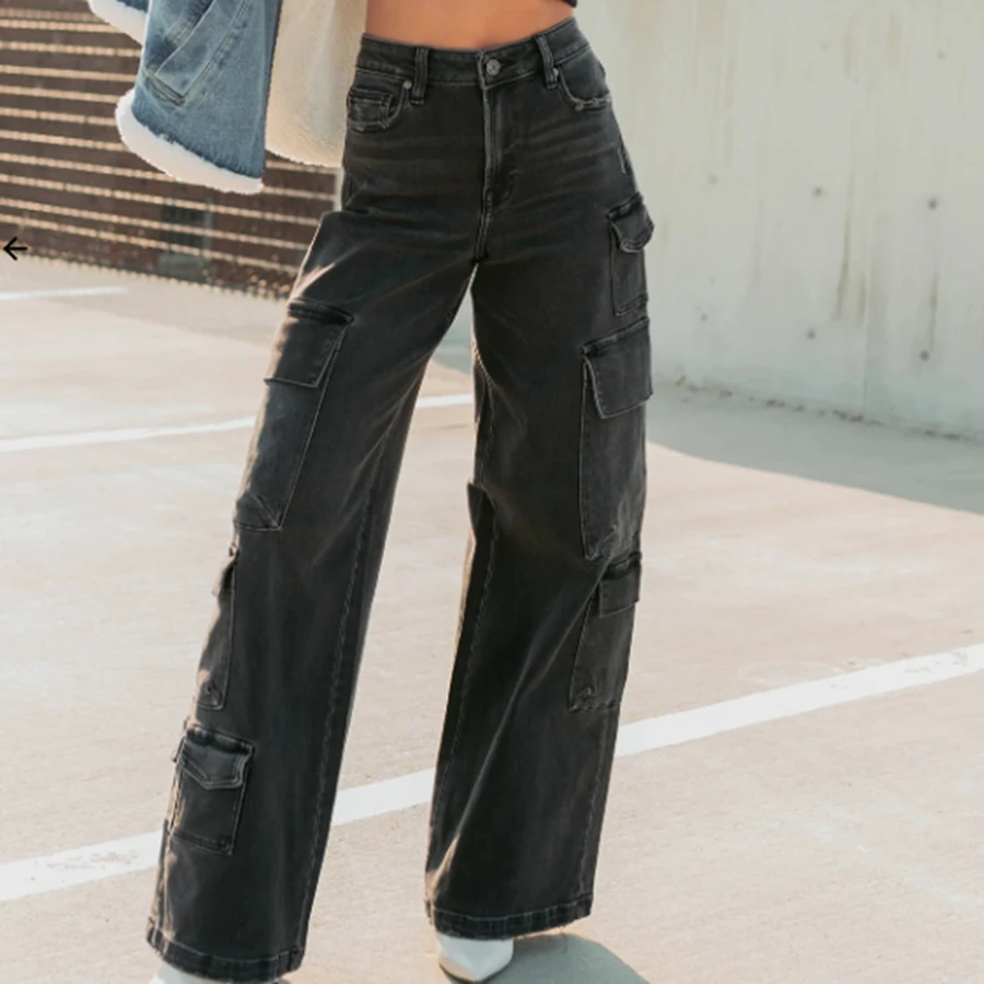 Womens Cargo Jeans High Rise Wide Leg Denim Pants with Multi-Pockets Casual Long Trousers for Daily Office