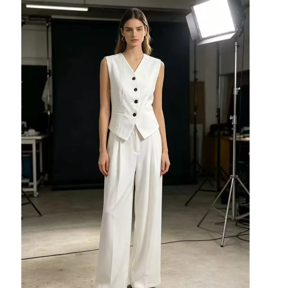 Chic Summer Simple Vest High Waist Drawstring Back Wide Leg Pants Slimming Effect Two-Piece Set Elegant Fashionable Women's E...