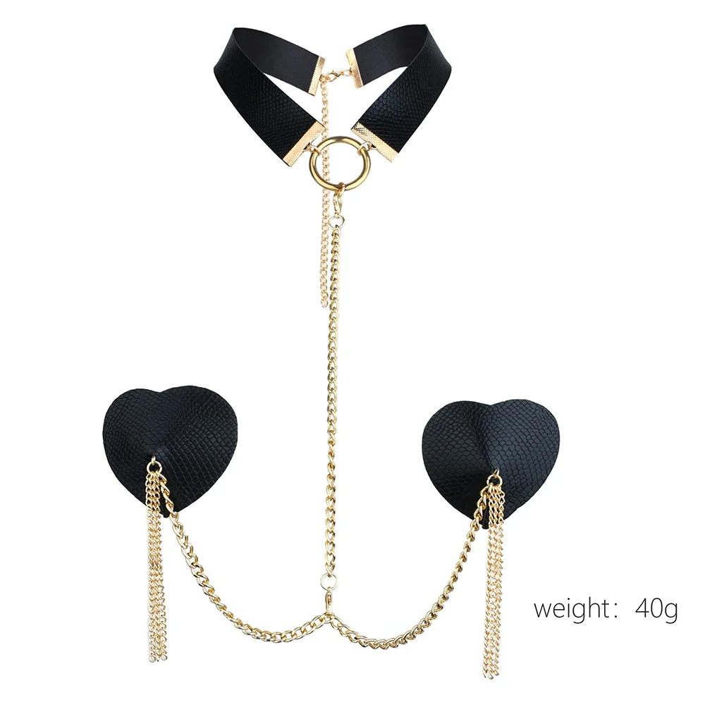 Sexy Women Heart Shape Tassel Leather Nipple Cover Reusable Metal Chain Linked With Choker Breast Pasties Body Jewelry Chain