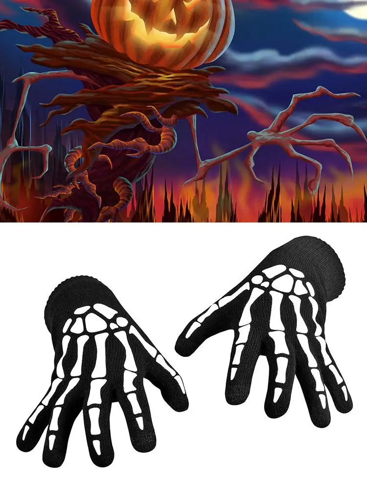 AliExpress New Punk Gloves Unisex Halloween Skeleton Skull Gloves Glow In The Dark Stretch Knitted Winter Mittens Riding Windproof Gloves