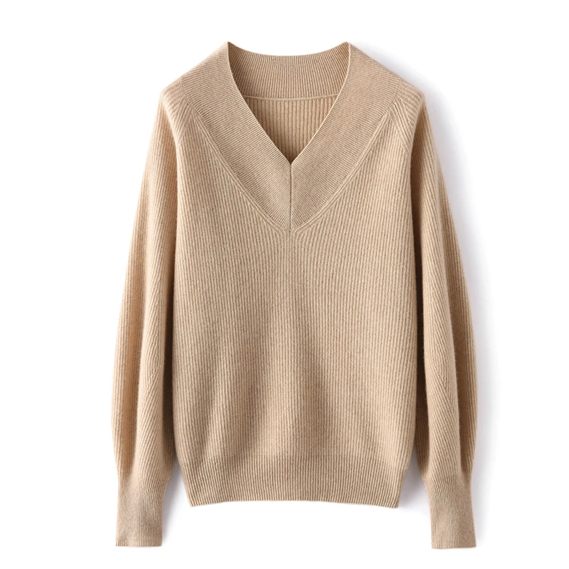 2022 Autumn/Winter Women\'s 100% Pure Cashmere Sweater Knitted Pullovers V-Neck Loose Coat Lady\'s Grade Up Soft Warm Jumper Tops