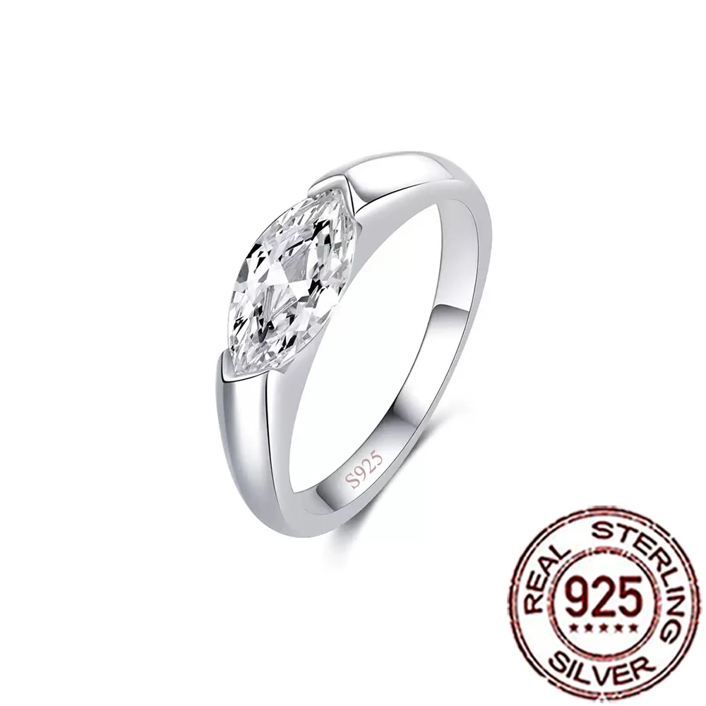 QooLady 925 Sterling Silver Shiny Marquise Shape Minimalist Single Zircon Ring for Women Wedding Engagement Jewelry Gift  SR110