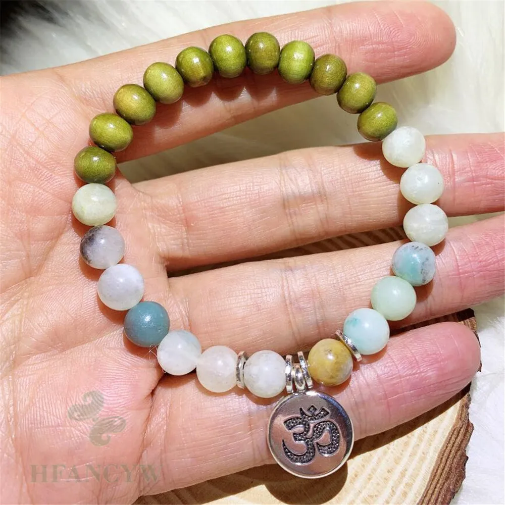 

8mm Amazoniteite Wooden Beads Mala OM Pendant Bracelet Classic Chain Beaded Cuff Unisex Artisan Stackable Prayer