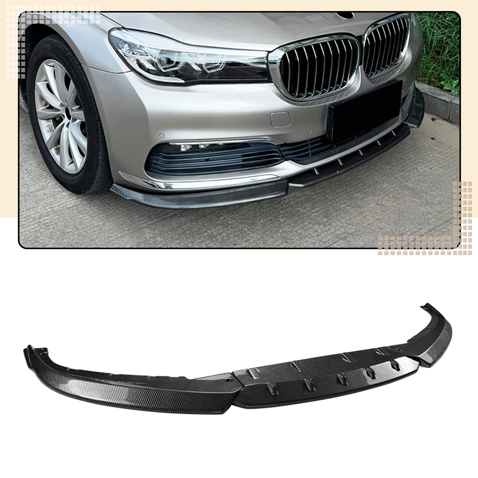 Front Spoiler Bumper Lip For BMW 7 Series G11 G12 2015-2018 Standard Version Gloss Black/Carbon Fiber Look Lower Splitter Blade