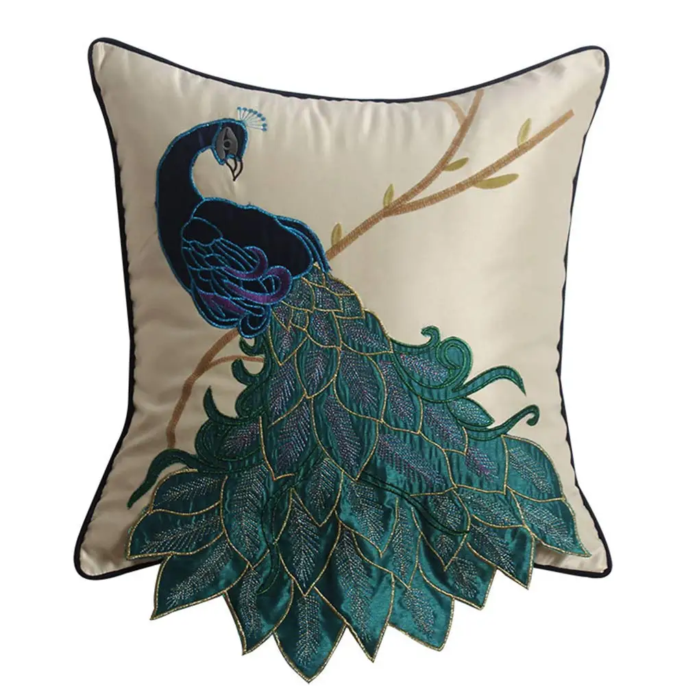 

Embroidered Peacock Throw Pillow Case Silky Satin Cushion Cover Peacock 18"X18"