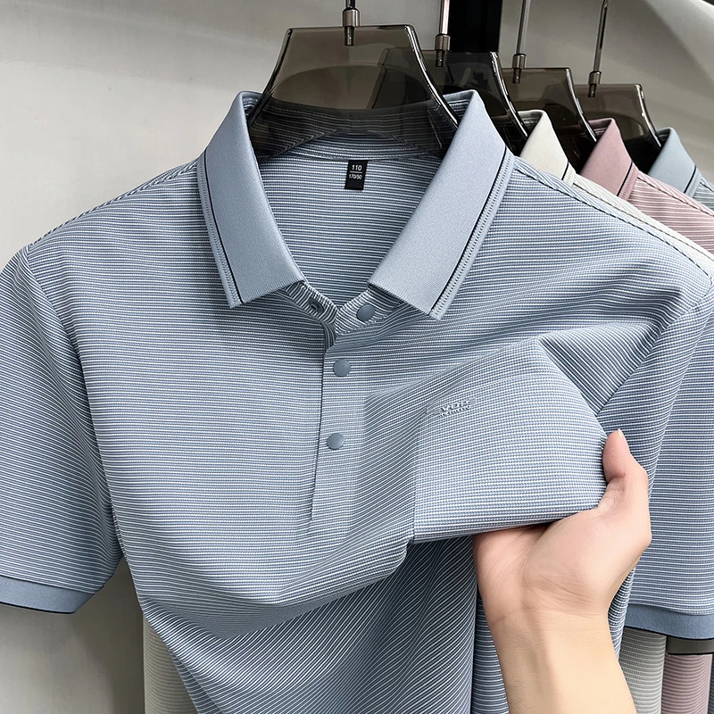 Luxury striped men's polo shirt short sleeve high-end brand embossed pocket design casual breathable fashion new summer T-shirt