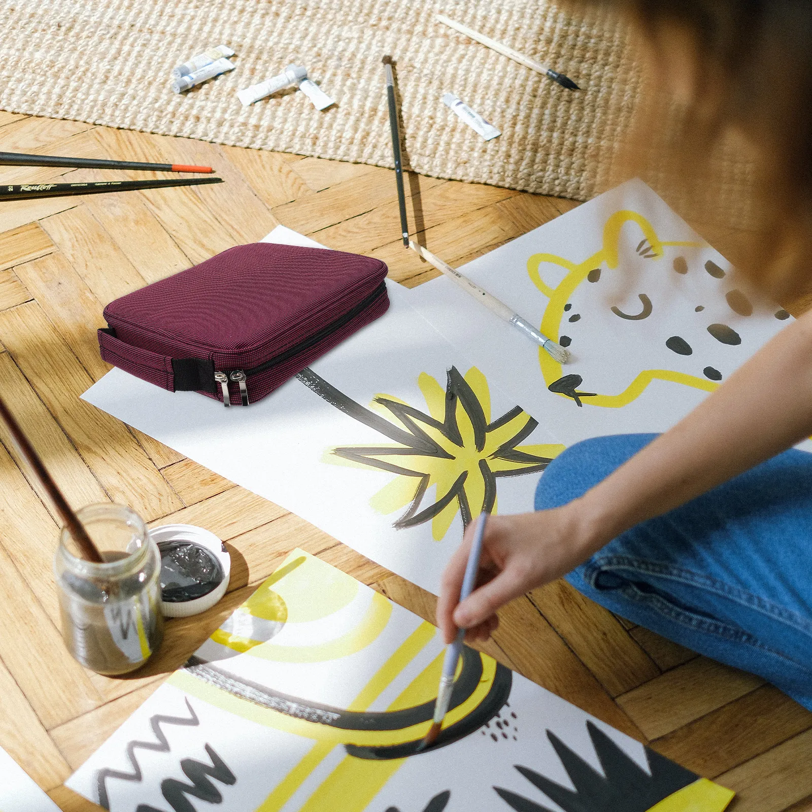 

1Pcs Art Pencil Box with Handle Multi-Layer Portable Pencil Holder Exquisite Design Not Easy Fade Big Capacity for Painting