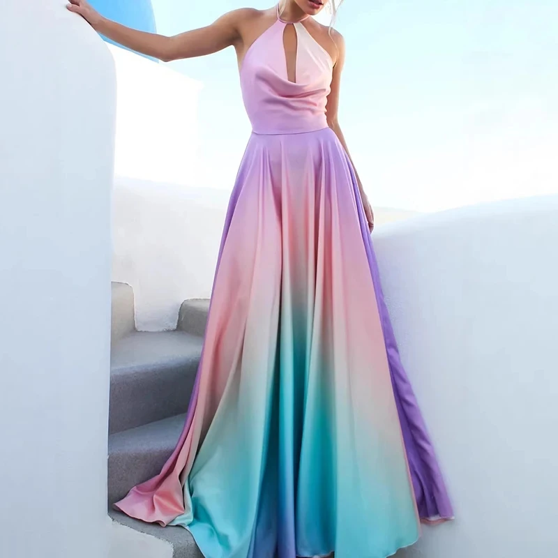 

Elegant Off Shoulder Sleeveless Pleat Banquet Dress Summer New Women's Maxi Dress Fashion Halter Gradient Printed Evening Dress