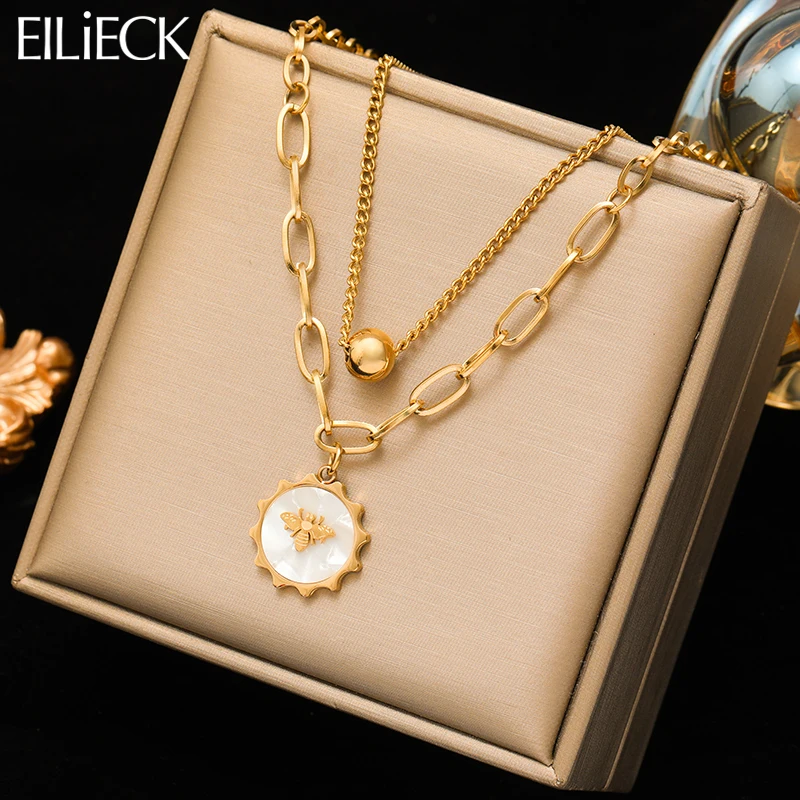 EILIECK 316L Stainless Steel Vintage Bee Pendant Necklace For Women Fashion Waterproof Gold-plated Neck Chain Jewelry Gift