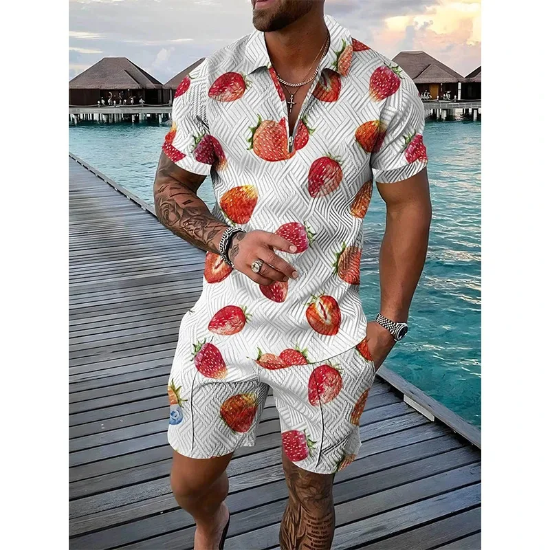 Fruit Tracksuit Pineapple Pawpaw 3D Print Men's Short Sleeve Zipper Polo Shirt Shorts Sets 2 Pcs Oversized Streetwear Set Suit