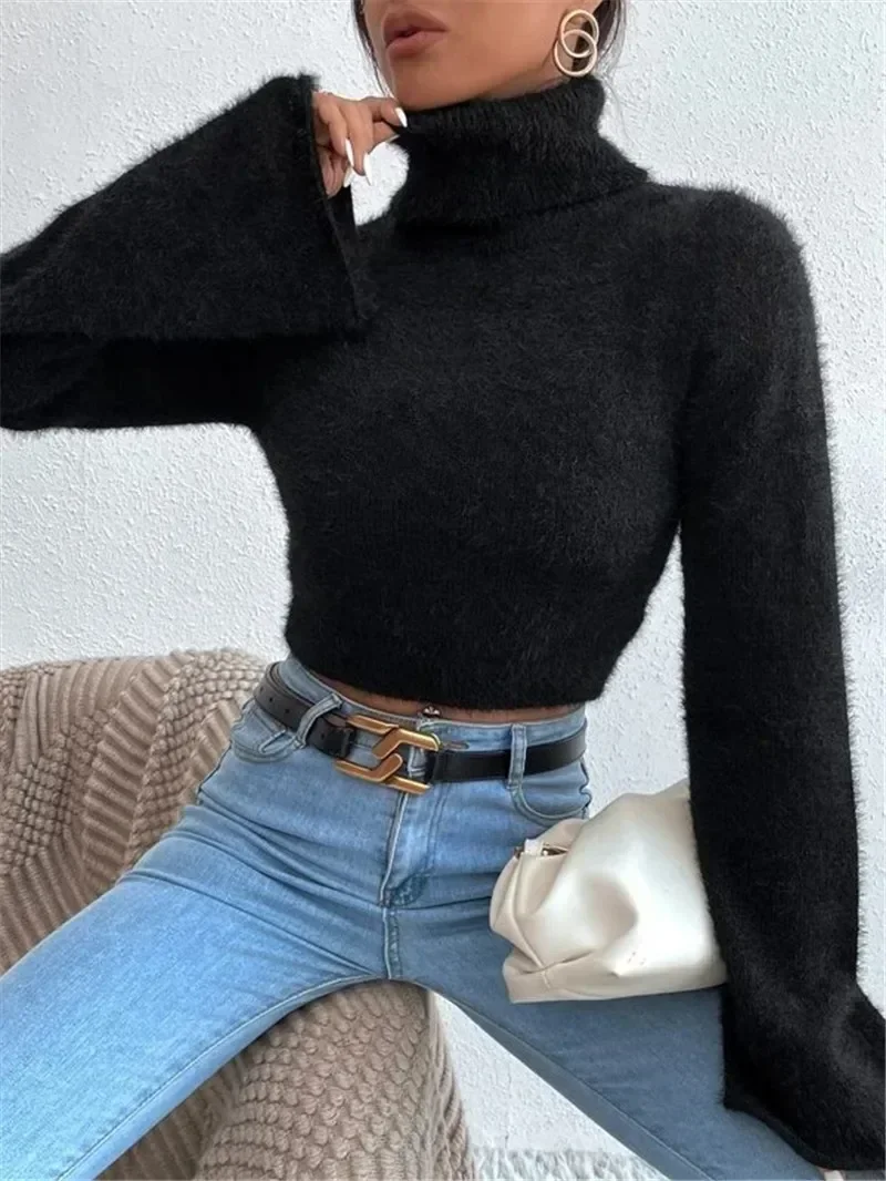 Autumn and winter Europe and the United States cross-border new Amazon turtleneck short belly button fleece sweater