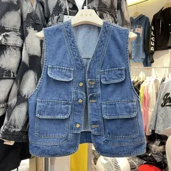 Denim Vests Women's Spring Autumn New All-match Casual Solid Color V-neck Sleeveless Patchwork Pocket Button Loose Cardigan Tops