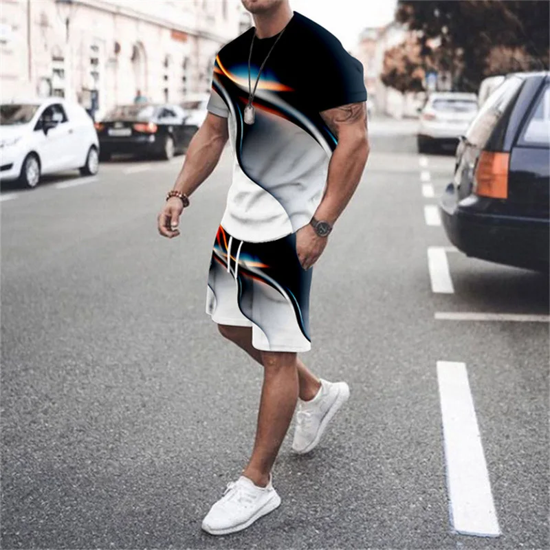 Fashion T-shirt and Shorts Set Street Men\'s Clothing for Men\'s 3D Short Sleeved Loose Casual Casual Colorful Line Printing Style