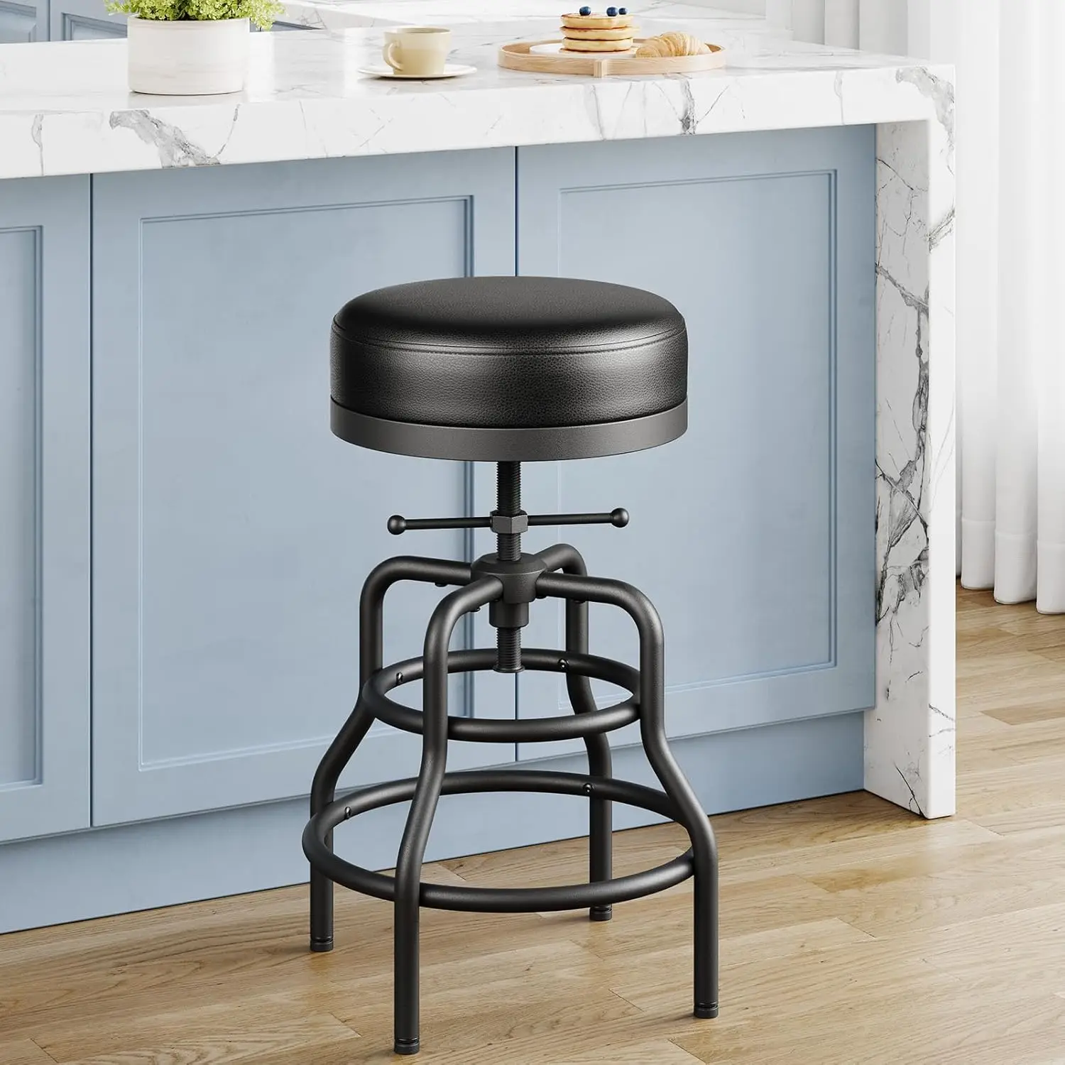 Adjustable Height Swivel Bar Stool, 22-29 Inch Industrial Vintage Bar Counter Height Stool with Thicken Premium Bonded Leathe