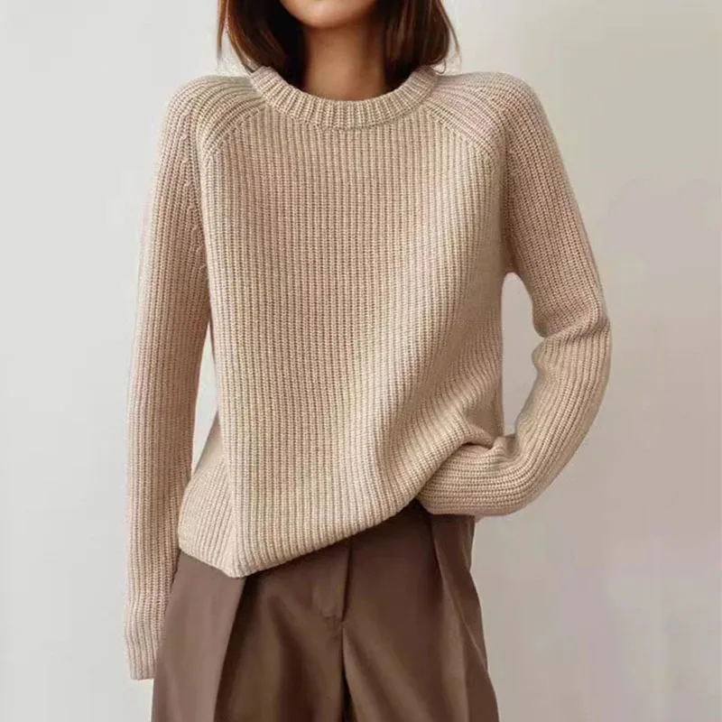 

Осень-зима, женские свитера с длинным рукавом и круглым вырезом, женские однотонные вязаные пуловеры, шикарная уличная одежда, женский теплый трикотаж