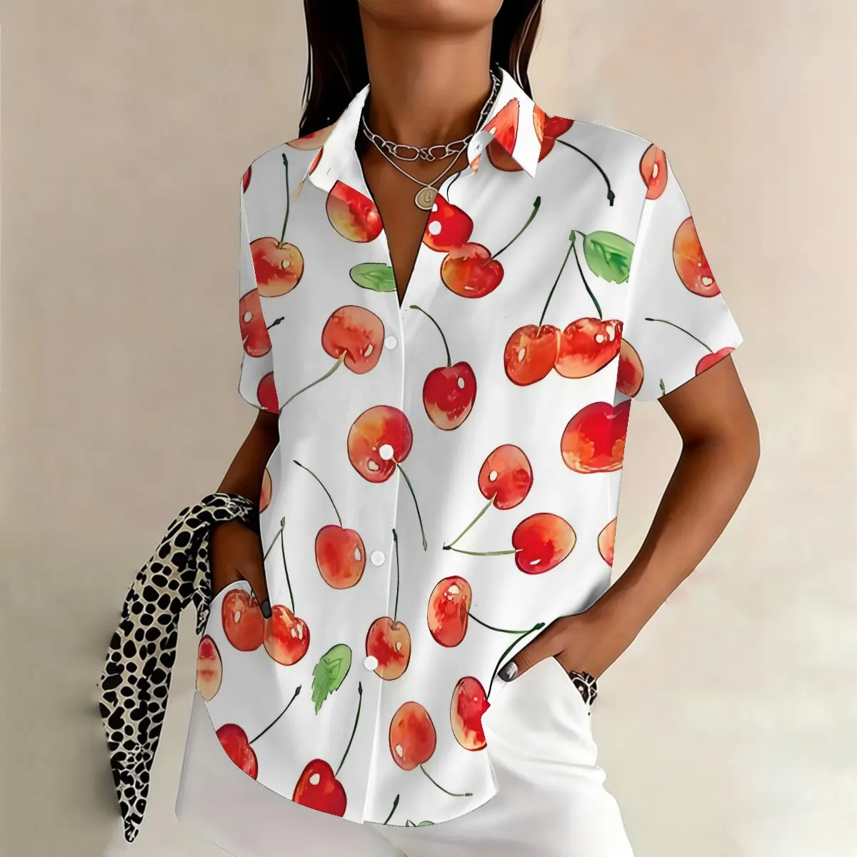 

Summer Plus Size Women's Cherry Print Short-Sleeve Shirt, Loose Fit, Flattering, Casual Wear