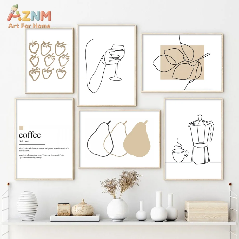 AZNM Minimalist Line Art Canvas Wall Art Coffee Moka Pot Pear Strawberry Wine Glass Botanical Beige Neutral Tone Abstract Print