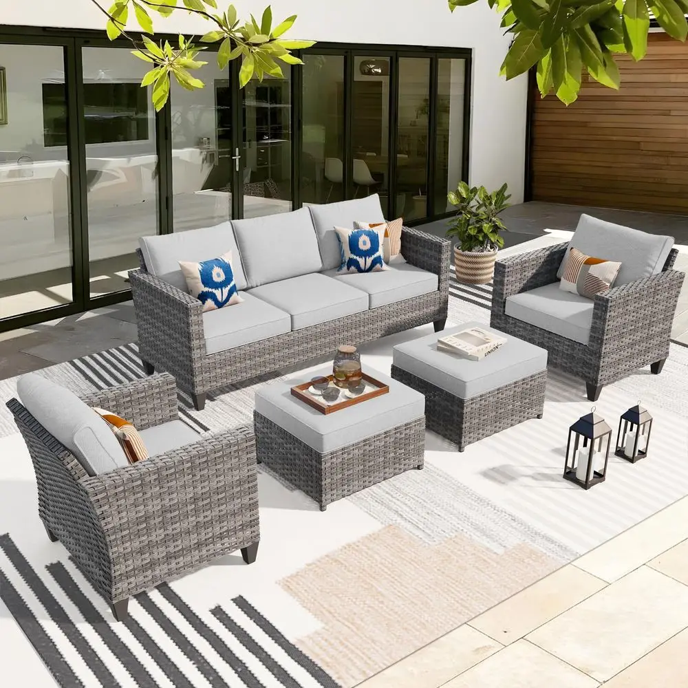 

Patio Furniture Set, 5 Pieces Outdoor Wicker Sofa Couch with Chairs, Ottomans and Comfy Cushions, All Weather High Back Rattan