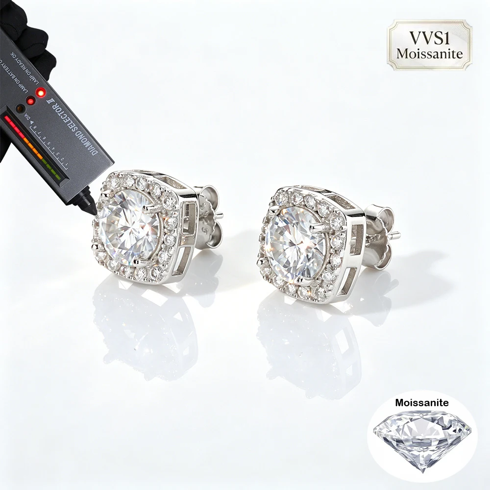 Women's Iced Out Square Halo VVS1 Moissanite Earrings 925 Silver  Earring Bling Luxury Hip Hop Jewelry For Party Birthday Gift