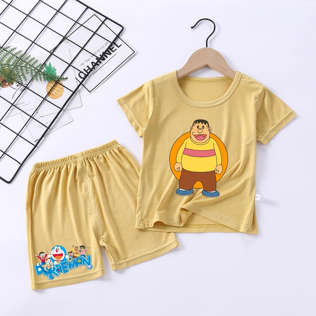 Doraemons Children Pajamas Set Boy Girl Short-sleeved Clothes Pants Suit Baby Summer Thin Nightgown Air Conditioning T Shirt