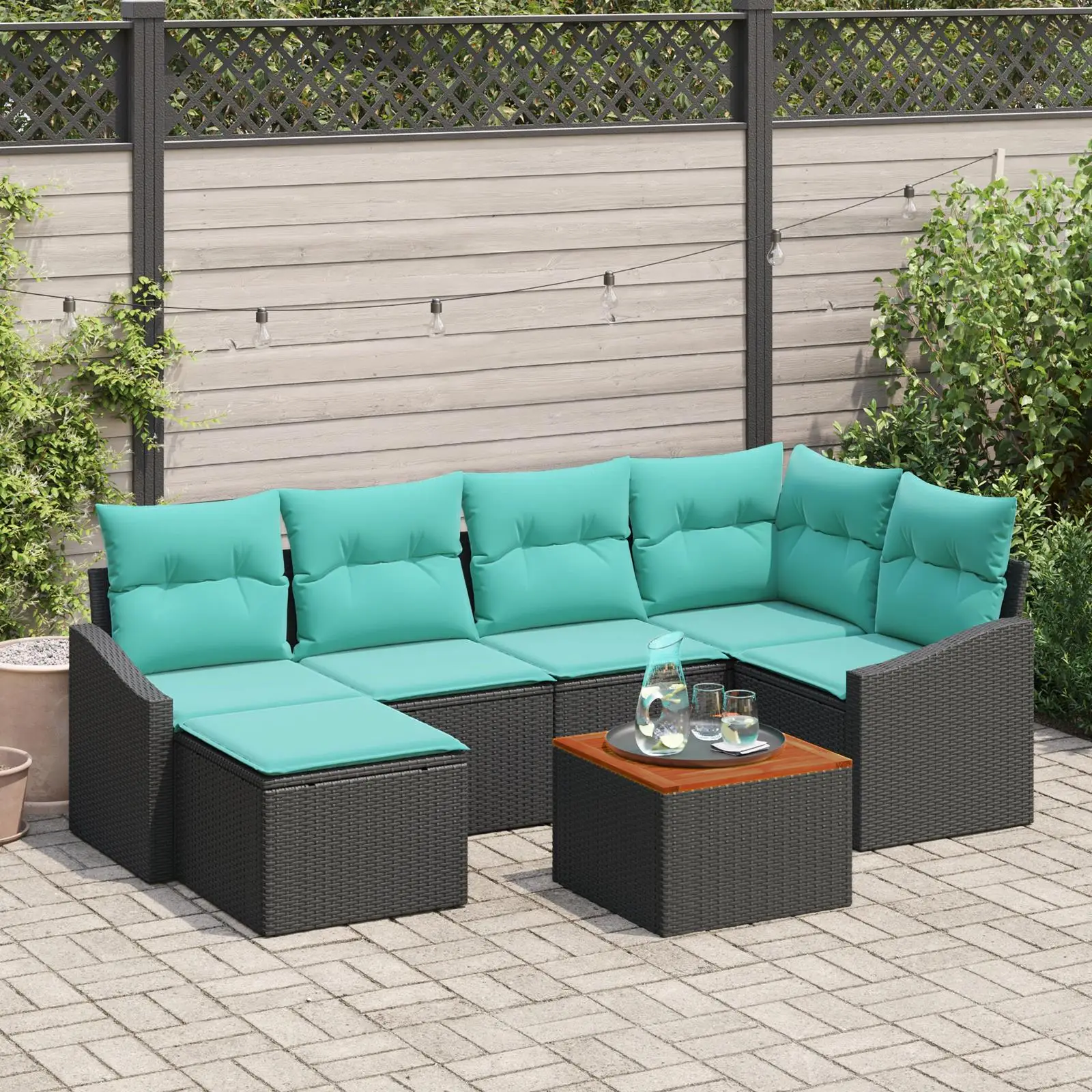 

7 Piece Outdoor Sofa Set with Cushions Black Rattan and Acacia Wood for Garden Patio Furniture