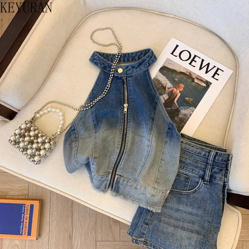 

Summer Vintage Backless Denim Vests Women Halter Collar Sleeveless Spliced Zipper Streetwear Off Shoulder Tanks Crop Tops Female