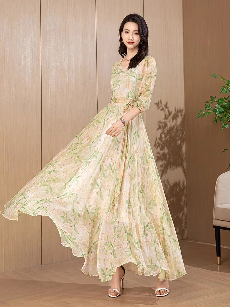 Neu Langes Kleid aus Chiffon mit Print für Damen Frühling Sommer Mode V-Ausschnitt Halbarm Schlanke Taille Fließendes Kleid Elegantes Kleid mit Feenmuster