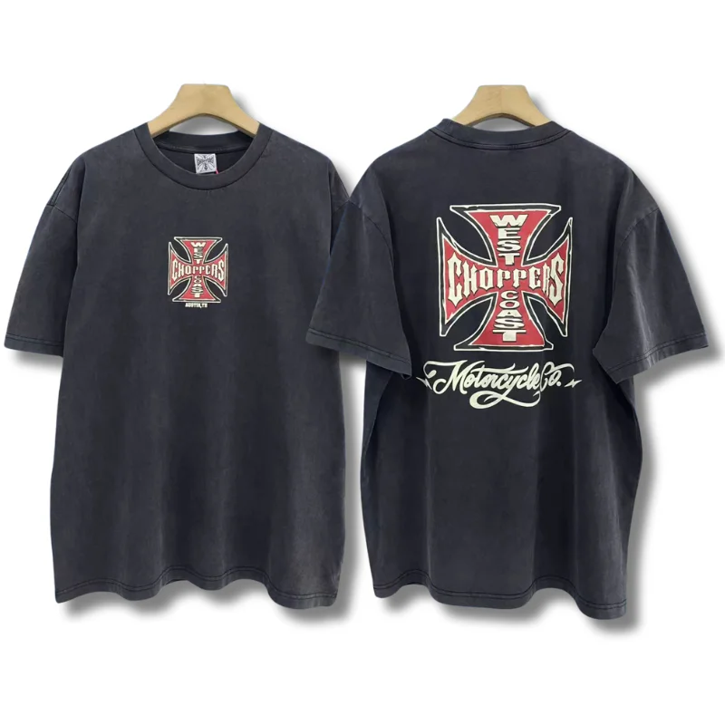 West Coast Choppers Top Tees Red Cross Print Washed Distressed Vintage T-shirt for Men Women