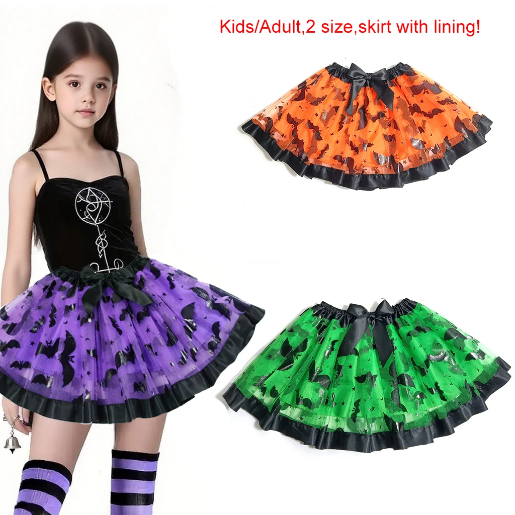 

Halloween Kids Adult Bat Printed Mesh Tutu Skirt, Skirt with Lining, Suitable for Girls Women Halloween Dress Up Cosplay