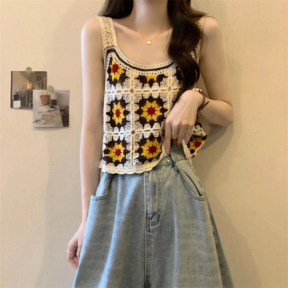 Korean Knitted Hollow Out Vest Strap Colorful Floral Crochet Blouse Dopamine Bohemian Holiday Style Sleeveless Top Women's Top