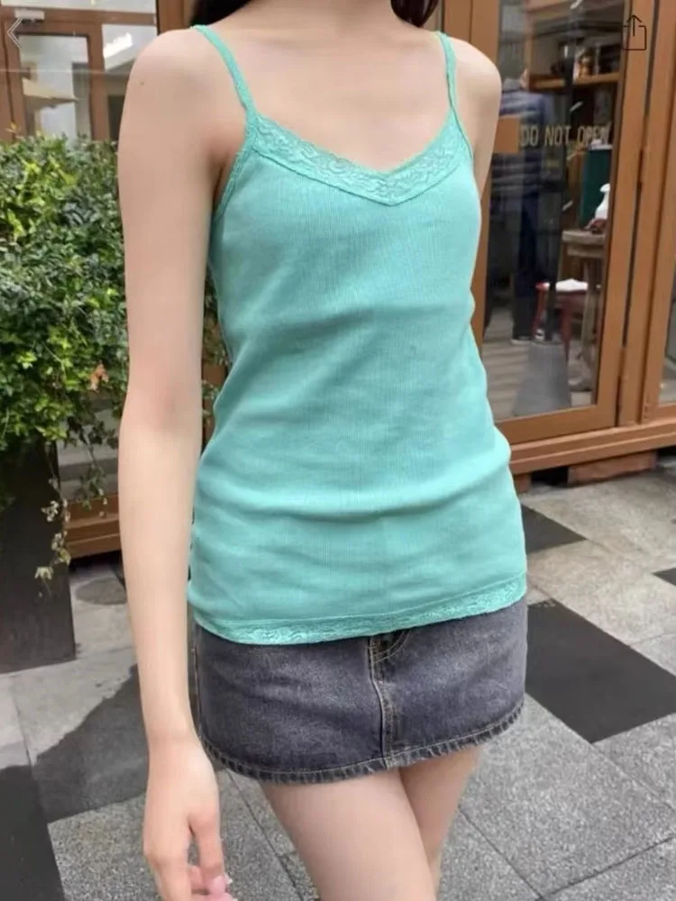 American Style Spicy Girl Green U-neck Camisole For Women Summer Casual Slim Fit Flattering Sleeveless Top Sweet Sexy Clothes
