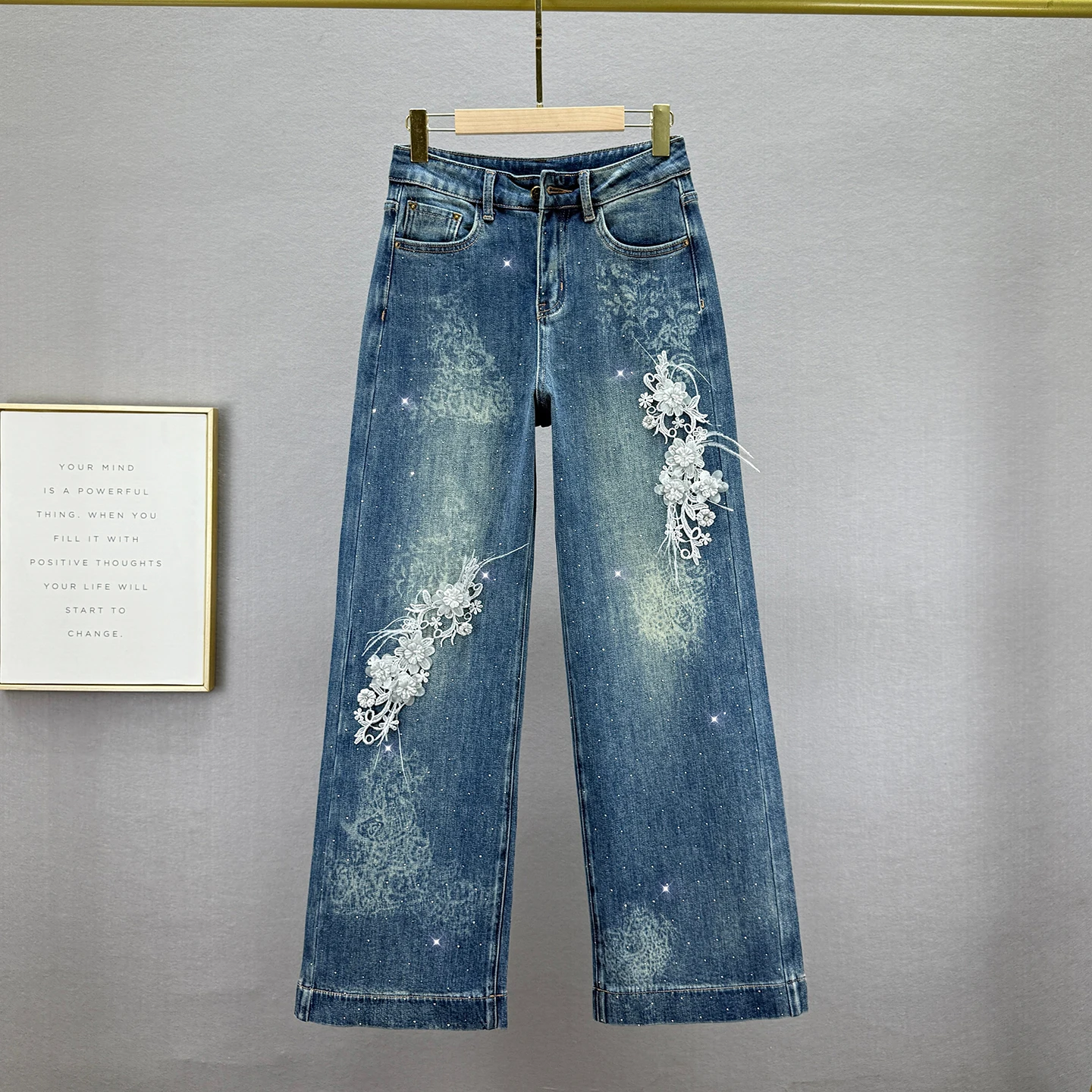 

Fleece-Lined Jeans for Women, Wide-Leg Pants, 2025 Winter New High-Waisted Loose Distressed Rhinestone Floor-Length Trousers