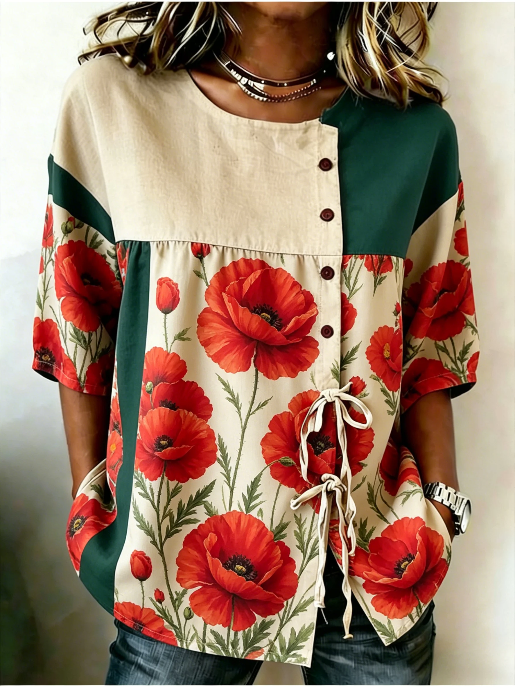 

Women's Colorblock Poppy Floral Print Drawstring Button Up Blouse, Casual Round Neck Tops for Spring Summer Daily Vacation Wear