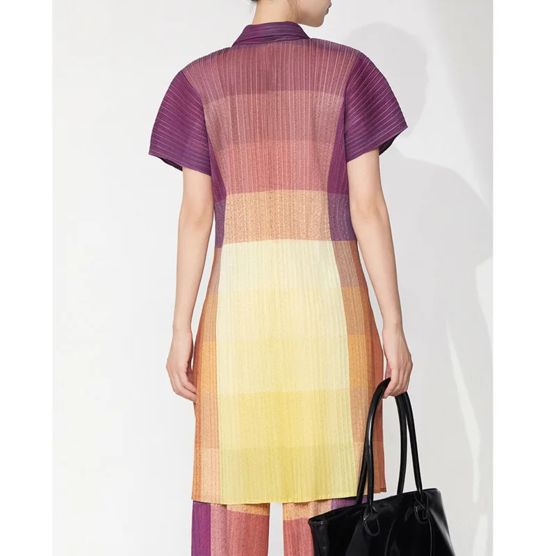 YFPF Druck Miyake Plissee Design Hemd Für Frauen Mode Revers Kurzarm Taste Mittlere Länge Bluse 2025, Neue Kleidung 3A366