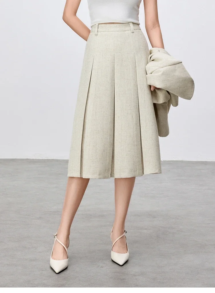 تنانير نسائية من SENTUBILA ذات ثنيات من مزيج الكتان على شكل حرف a تنورة متينة على طراز Preppy للتنقل بخصر عالٍ تنورة متوسطة الطول لربيع 2025 151Q87854