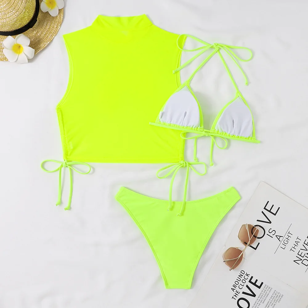 3 Pieces Bikini Sets & High Neck Top 2024 Women Swimsuit Thong Swimwear Female Neon Bathing Swimming Swim Suit Beachwear Black