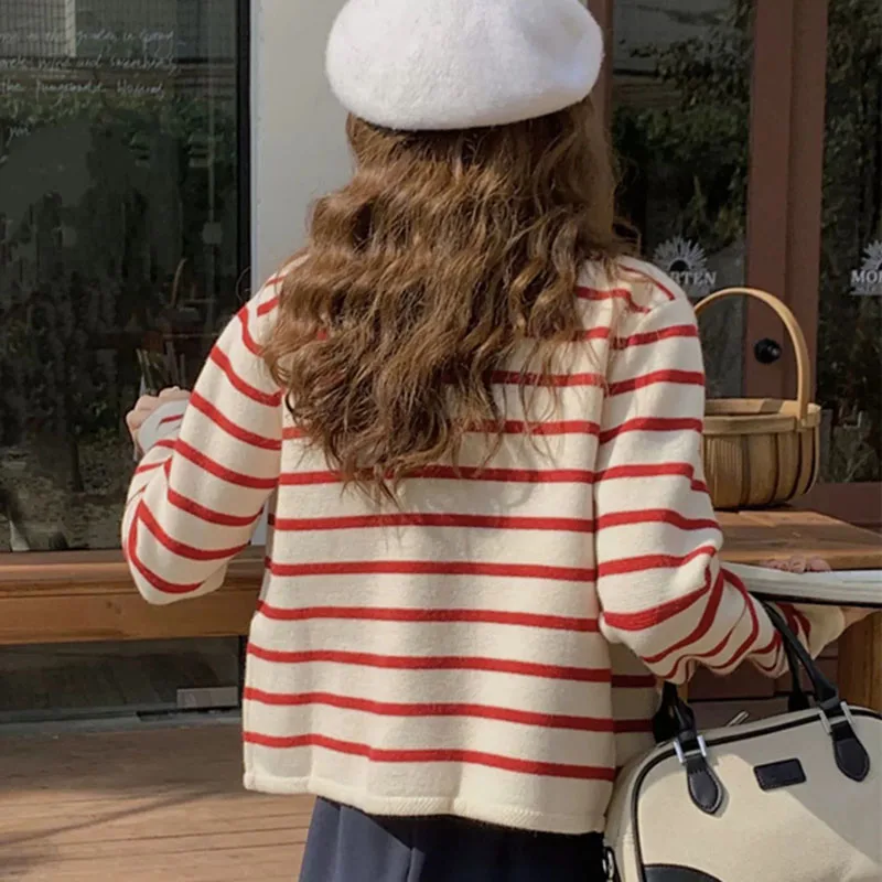 الخريف الشتاء النساء بالأزرار س الرقبة سويتر مقلم الكورية بلوزات على الموضة كم طويل واحدة الصدر سترة مشغولة من الصوف الإناث