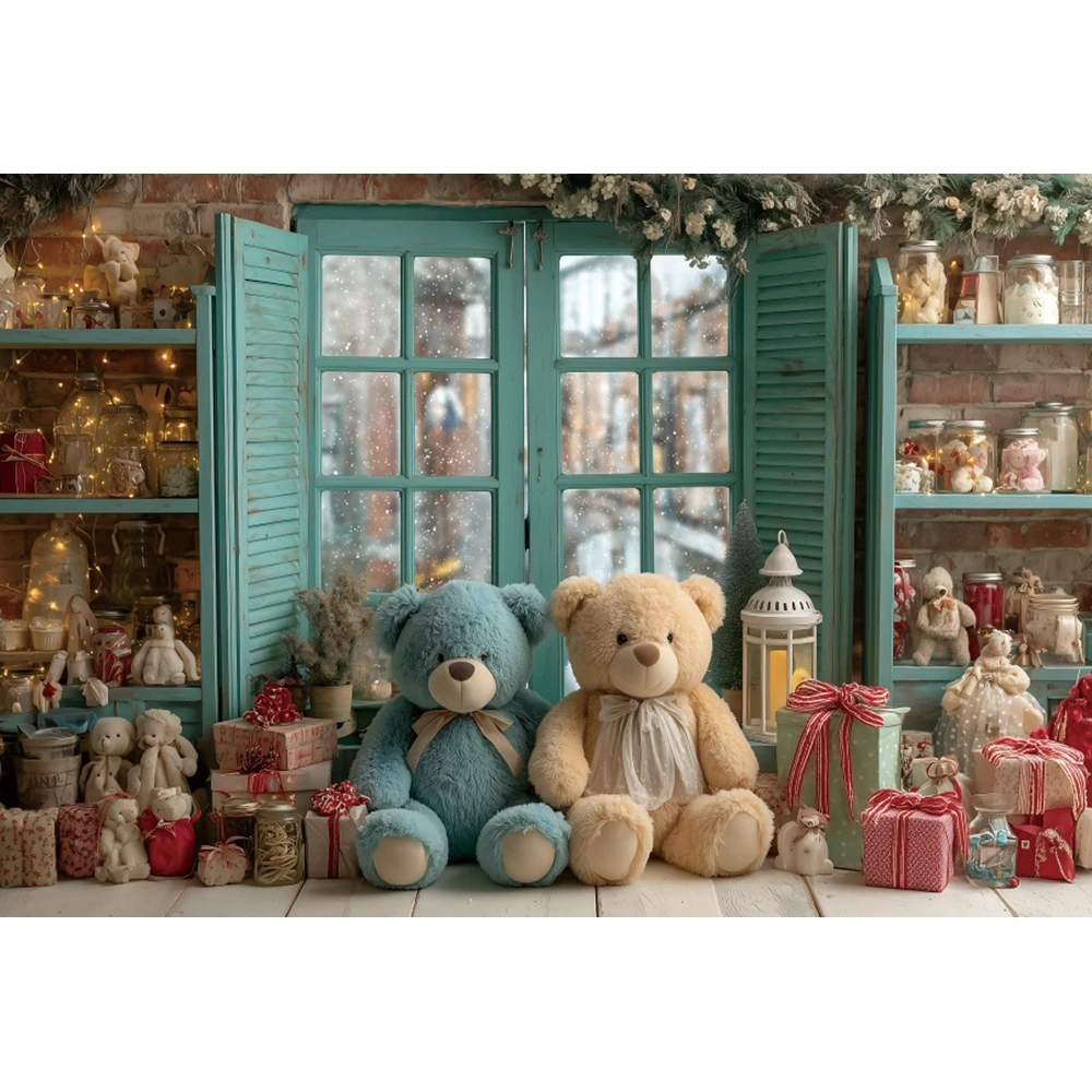 عيد الميلاد التصوير خلفية عيد الميلاد متجر نافذة خشبية دمية دب الاطفال الأسرة صور التصوير خلفية ديكور الحفلات الدعائم