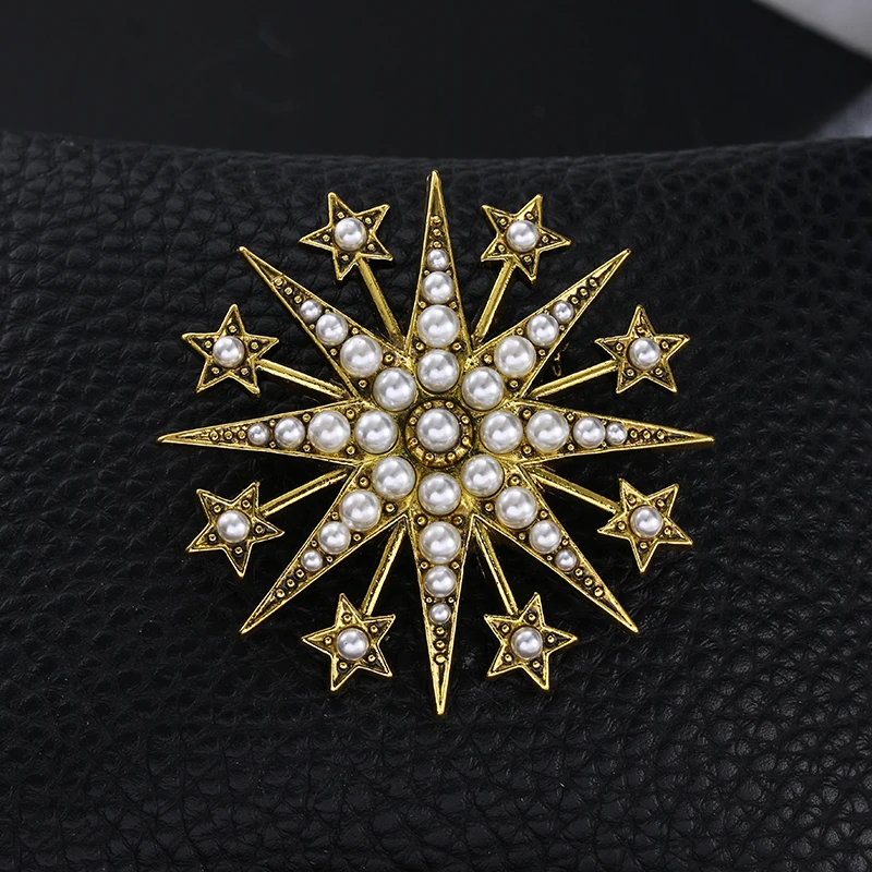 WEIMANJINGDIAN Brand New Arrival Antique Gold Color Plated Simulated Pearls Starburst Vintage Decor Jewelry Brooches