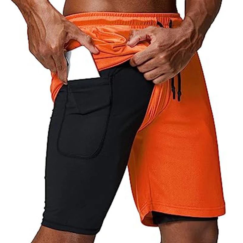 Men's 2 in 1 Running Shorts Gym Workout Double-deck Quick Dry Mens Shorts Sportswear Training Short Pants  Jogging Sport Shorts