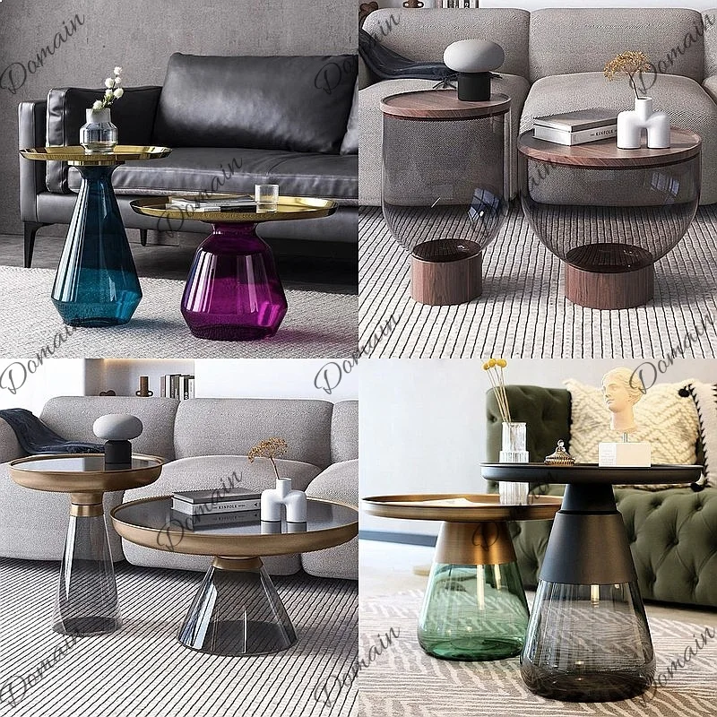 Colorful Glass Coffee Table Light Luxury Nordic Minimalist Small Sofa Side Table for Living Room