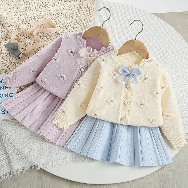 2026 New Spring 2-6Yrs Baby Girls Clothing Set Children Knitted Clothes Suit Long Sleeved Knitted Cardigan+Short Skirt
