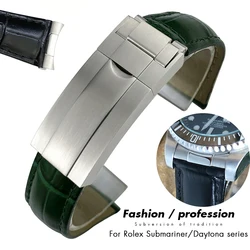 20mm 21mmm Curved Metal Link Genuine Leather Watchband for Rolex GMT Master Submariner Datejust Daytona Cowhide Watch Strap