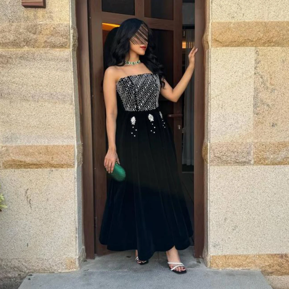 Flechazo Strapless Black Evening Dress A-Line Beading and Crystal Sleeveless Women Ankle Length Customized Party Prom Gowns