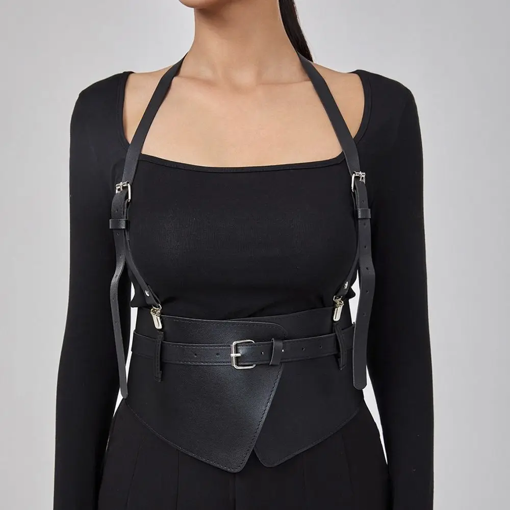 コルセットベルト U レザーハーネストップワイドウエストバンドレザーパンクベルト胸コルセットストリートスタイル調節可能なゴシックサスペンダー