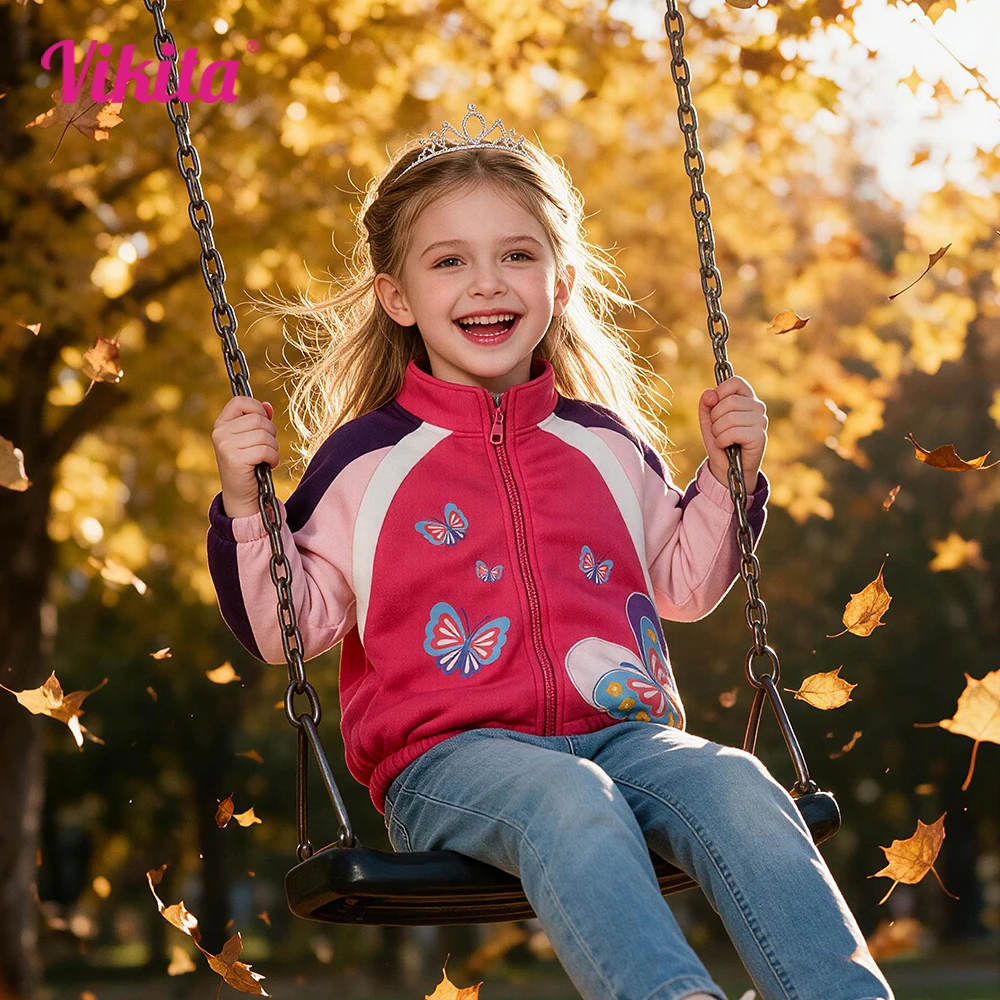 VIKITA Kids Autumn Winter Jackets Girls Butterfly Cartoon Print Outerwear and Coats Kids Zipper Warm Thick Sports Casual Jackets