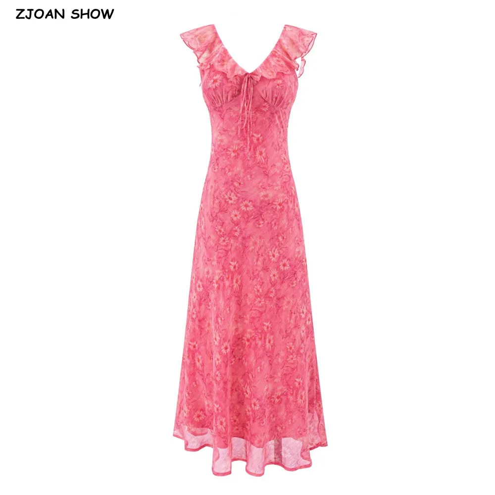 Women Rose Pink Floral Print V Neck Ruffles Strap Sleeveless Dress Tie Bow Sashes Slim Waist Midi Long Tank Chiffon Dresses Robe