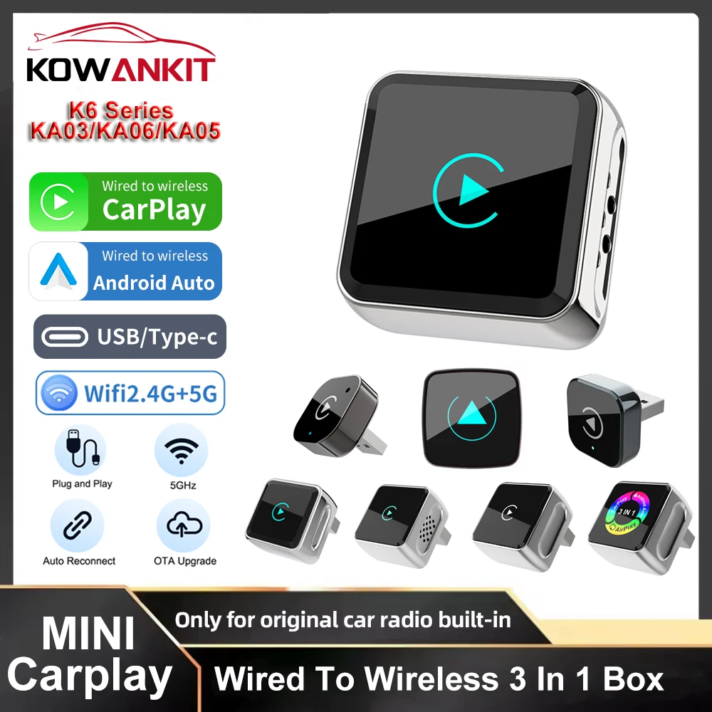 K6 2 in 1 Wired to Wireless CarPlay Android Auto Adapter for OEM Car Stereo With USB Dongle Mini Box Plug and Play Bluetooth
