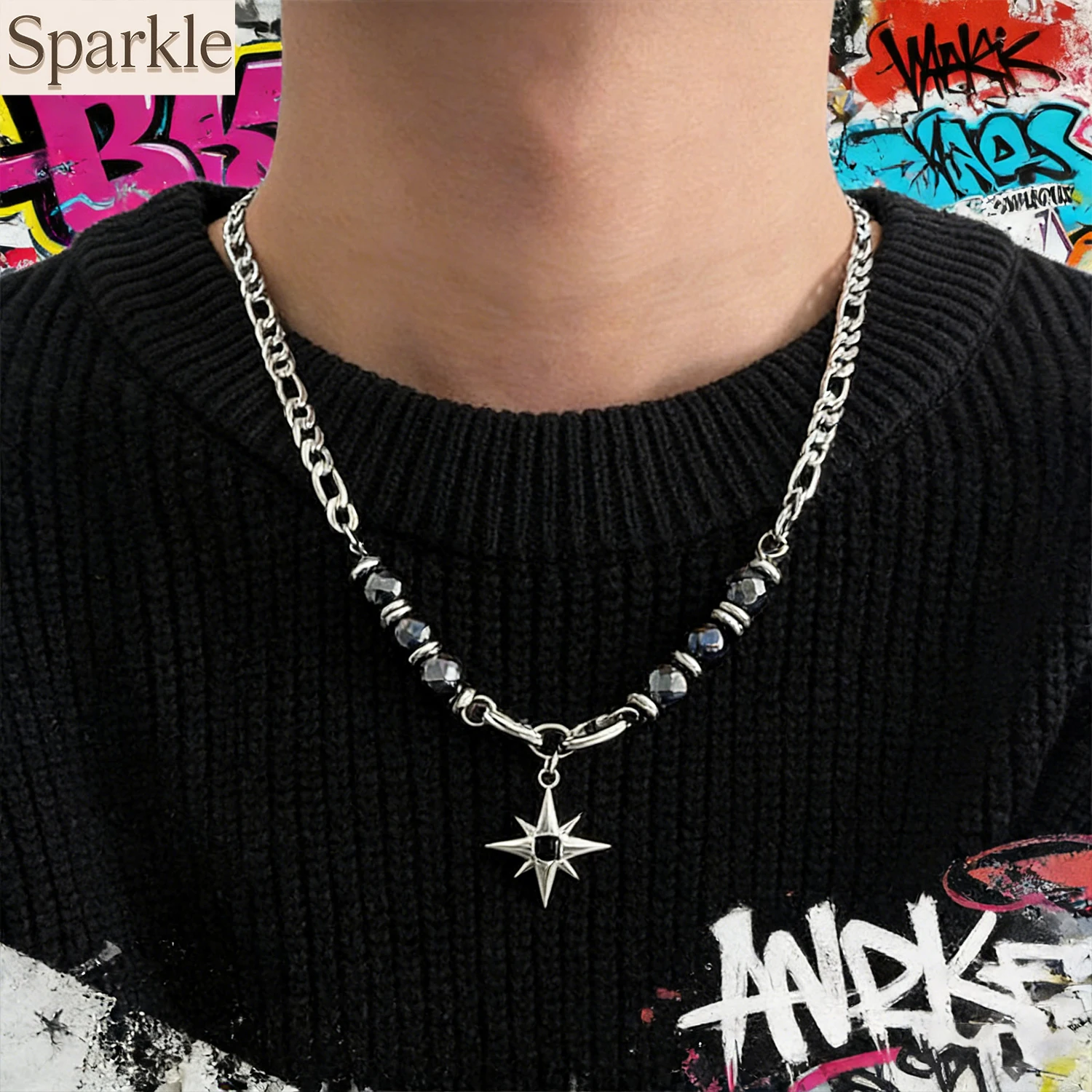 

Black Star Charm Choker Necklace Stainless Steel Double Link Chains Unisex Stacking Collar for Birthday Christmas Gift